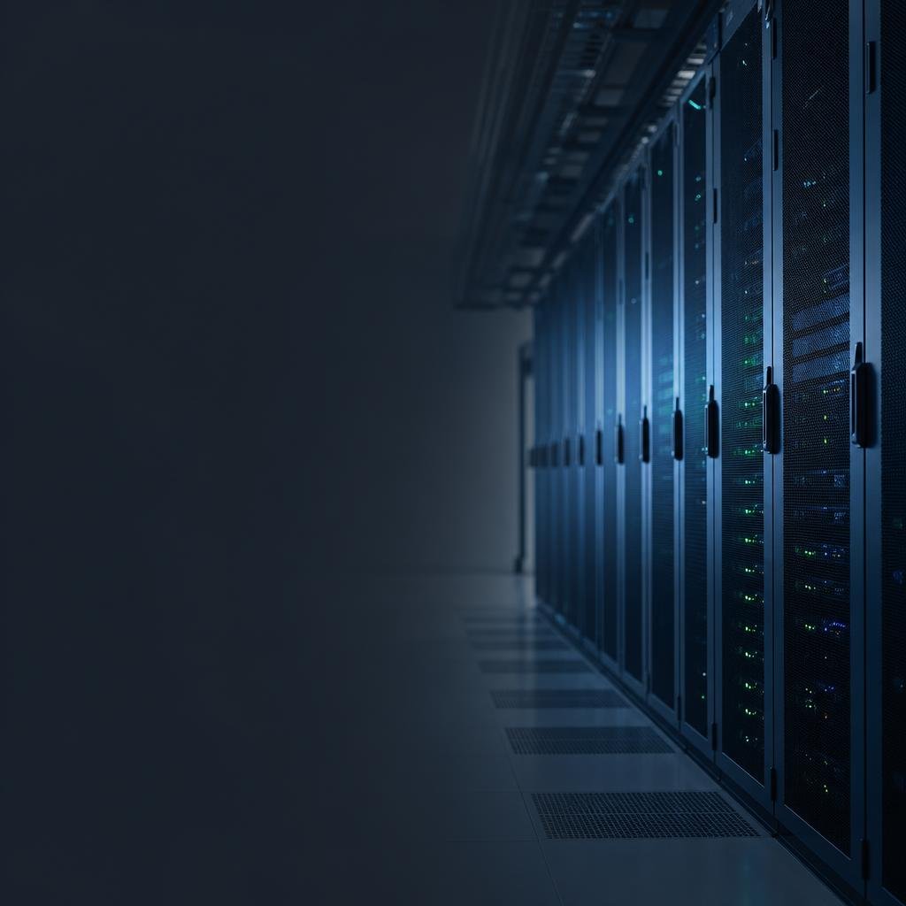 Secure data center with soft blue lighting